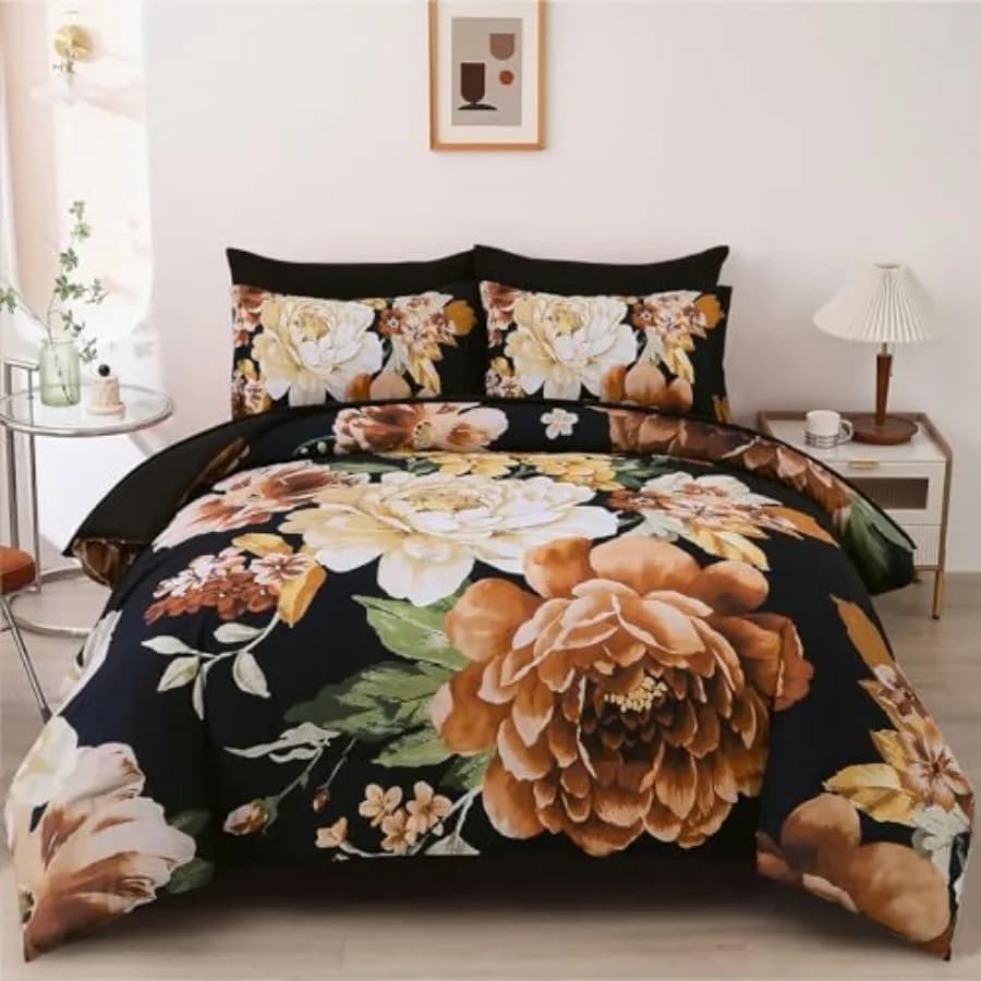 Set Copripiumino Floreale Queen Size 7 Pezzi e Set Letto in Microfibra Morbida con Motivo Floreale Giallo, Elegante e Confortevole
