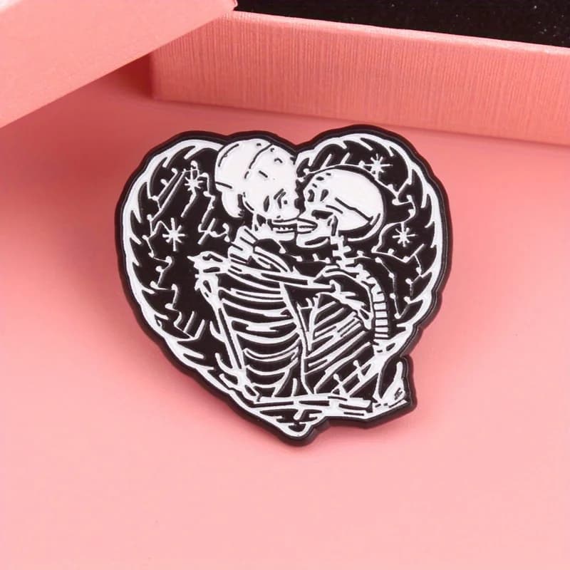 Dark Romance "Bone Embrace" Enamel Pin - Interlocked Skeletons with Starlit Heart & Hand-Drawn Texture for Journals & Leather