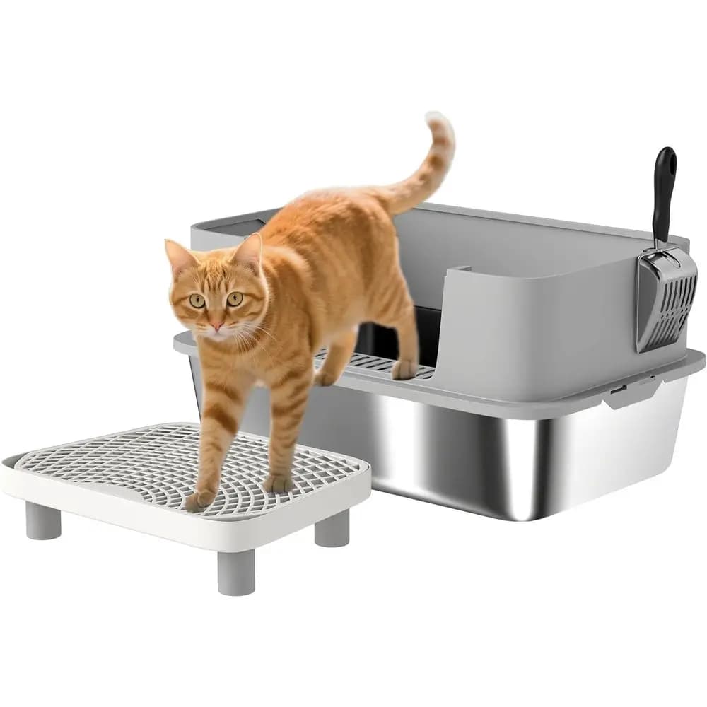 Lettiera per Gatti Extra Large con Bordi Alti, Paletta, Pedale, Anti-Perdita, Antiaderente, Facile da Pulire, Grigia