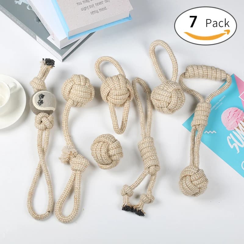 Pet toy set: hemp and cotton rope tennis ball, portable dog toy set, chew toy, dog knot ball