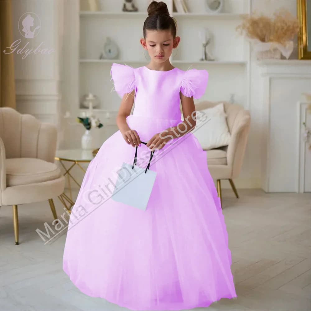 Abito da Damigella Personalizzato Azzurro con Tulle e Piume per Matrimonio, Prima Comunione e Occasioni Formali