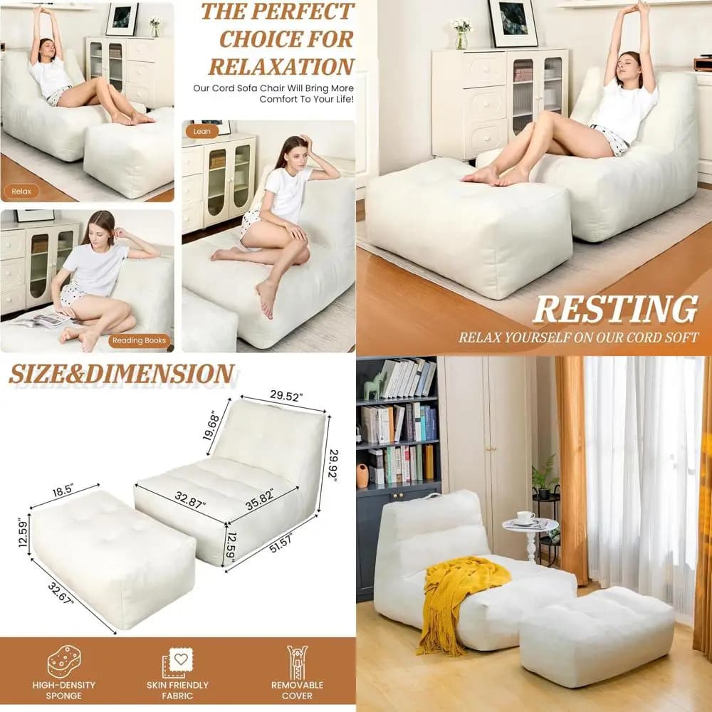Poltrona Gigante in Memory Foam con Poggiapiedi, Perfetta per il Relax, la Lettura e il Gaming per Adulti, Colore Beige