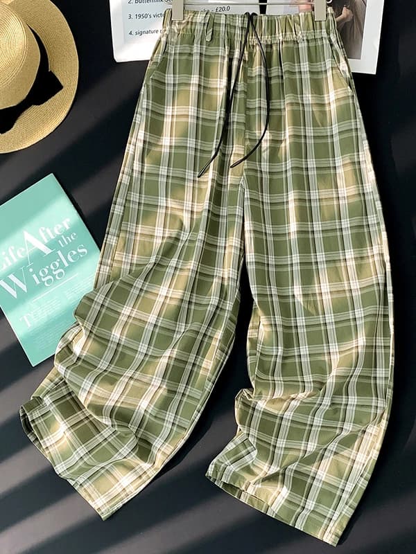 High-End Korean Vintage Plaid Wide Leg Pants Women's Summer Thin Loose Versatile Elastic Waist Belt Casual Pants