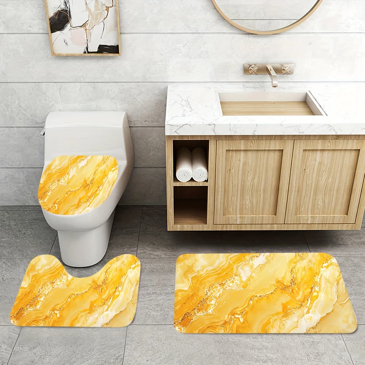 Set tappeto da bagno con struttura in marmo dorato da 3 pezzi, copriwater, tappetino a forma di U, materiale in flanella, superficie morbida, tappetini da bagno antiscivolo