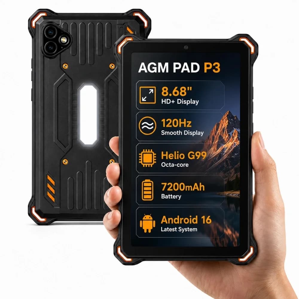 AGM P3 Rugged Tablet 8.68" G99 120Hz 7200mAh Android 16 6GB RAM 128GB ROM Pad IP68/IP69K/810H Widevine L1 4G LTE Global Vison