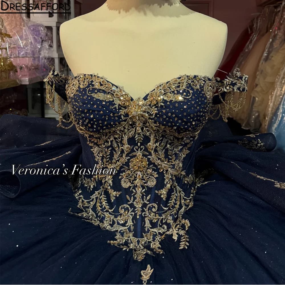Graceful Royal Blue Quinceanera Dresses Off The Shoulder Bow Ball Gown Beading Crystal Diamonds Sequins