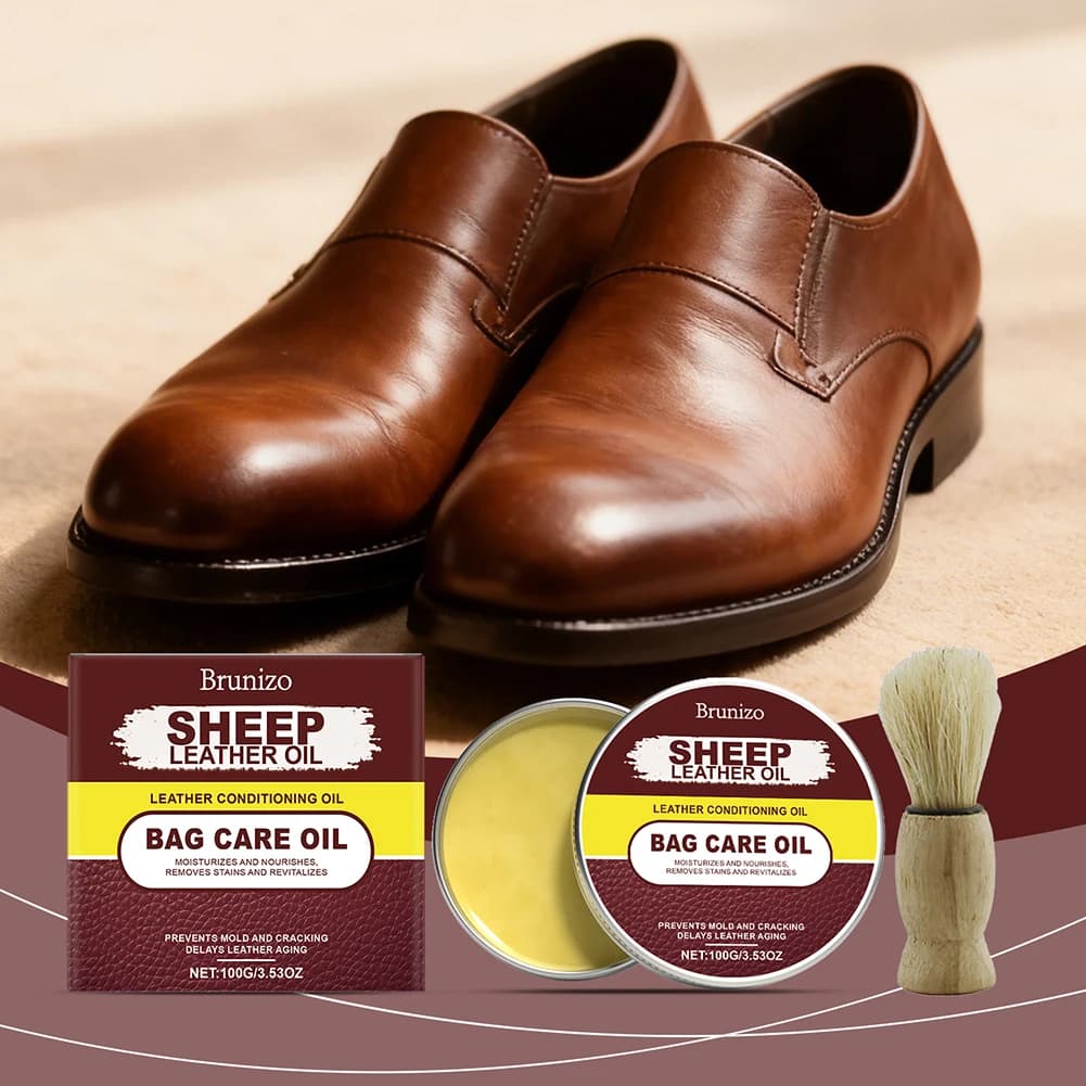 Olio per la cura della pelle con spazzola, olio di pecora per la cura delle stivali, crema idratante per scarpe, portafogli, borse e giacche in pelle, 100g