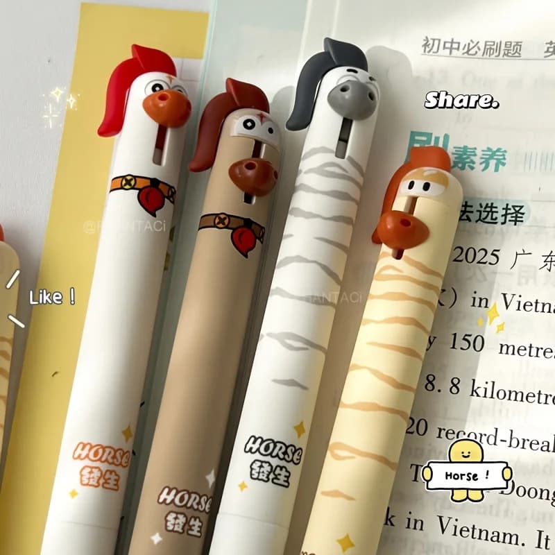 Set di 4 Penne Gel a Forma di Cavallo, 0.5mm, Asciugatura Rapida, Nere, Penne Creative a Tema Animale per Ufficio