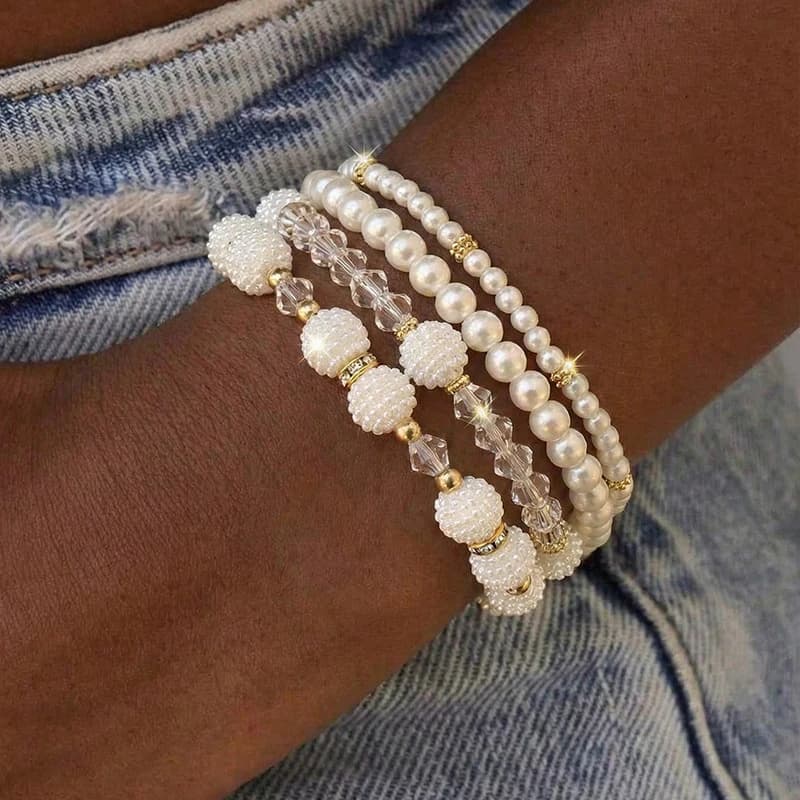 4pcs/set Bohemian Elastic Bracelet – Faux Pearls & Glass Seed Beads for Effortless, Romantic Style.