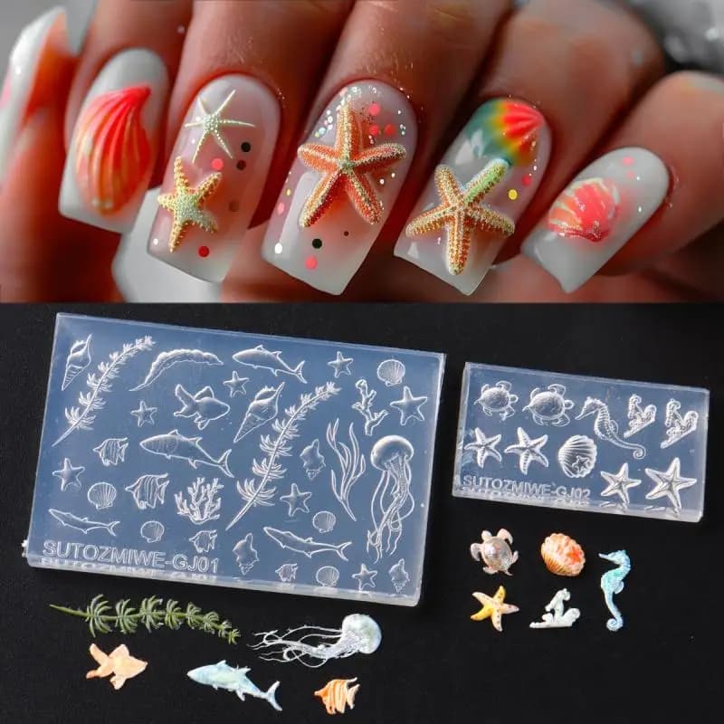 ✰ ✪ Stampo in Silicone 3D per Unghie con Conchiglie, Stelle Marine, Meduse e Farfalle, Serie Oceano Estivo, per Nail Art Fai da Te