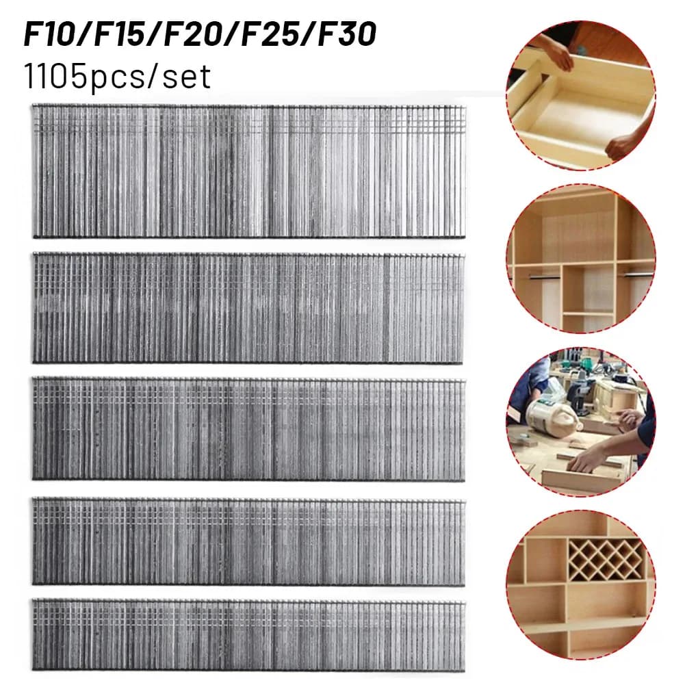 1105 pezzi graffette F15/F20/F25/F30 chiodi Brad dritti per giardinaggio fai da te lavorazione del legno strumenti di fissaggio hardware per la casa