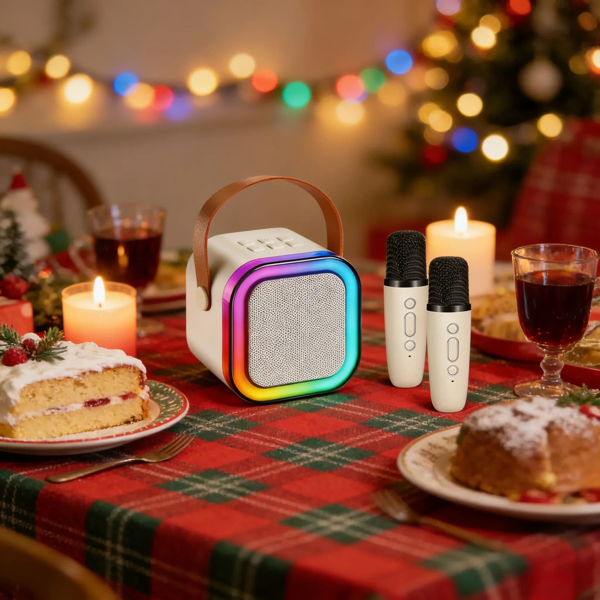Macchina portatile per karaoke KTV domestica 2 microfoni wireless Altoparlante Hi-Fi RGB Bluetooth 5.3