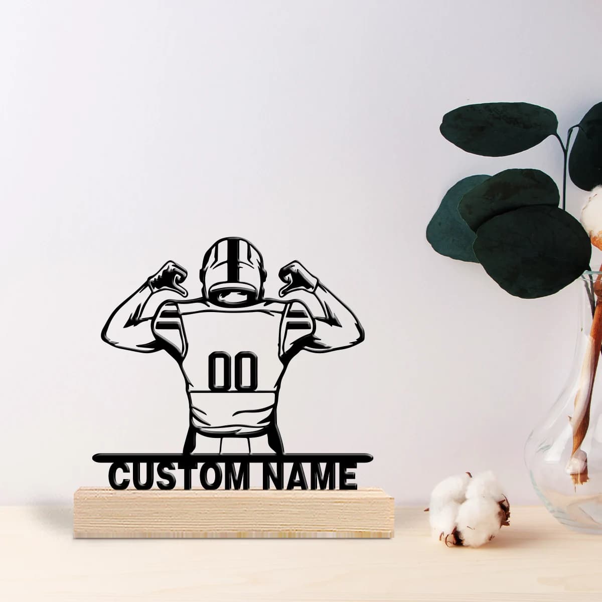 Custom Metal Rugby Player Statue with Wood Base, Table Decoration with Wood Beads Accents, Unique Wall Decor