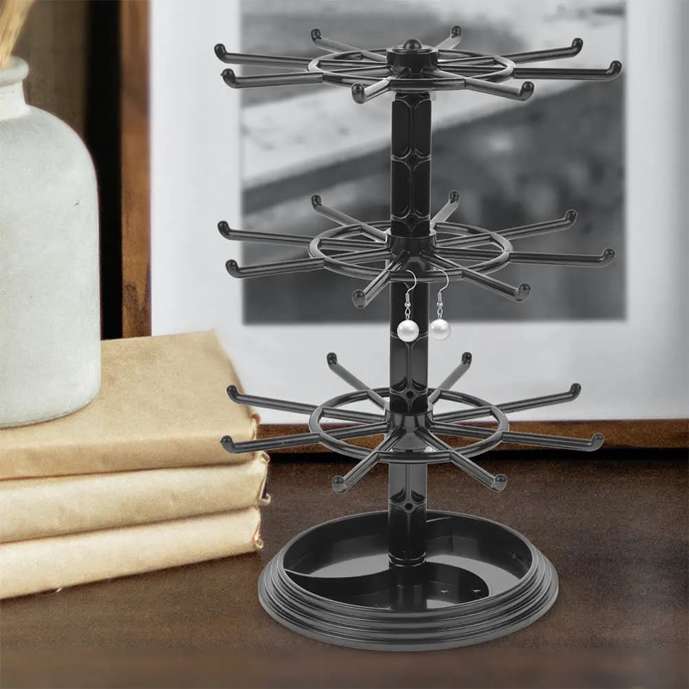 2Pcs Rotating Jewelry Display Black Plastic 3-Tier Necklace Earring Keychain Holder Organizer Rack Dressing Table Countertop