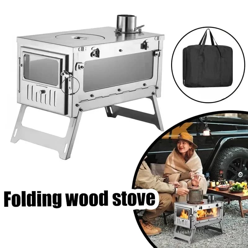 Easy to fold and carry camping tent stove, adjustable, for heating and outdoor cooking, stainless steel, wood.