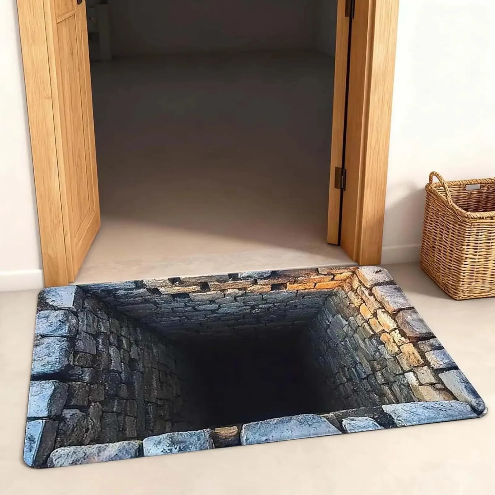 Visual Illusion Stone Pit Doormat Ancient Brick Wall Deep Hole Print Decorative Novelty Creative Indoor Entry Floor Mat
