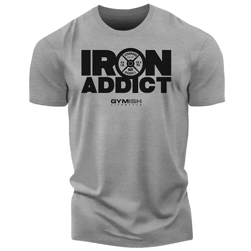 Men Iron Addict Barbell Weight Plate Graphic T-Shirt Gym Fitness Workout Round Neck Short Sleeve Bodybuilding Casual Sports Tees