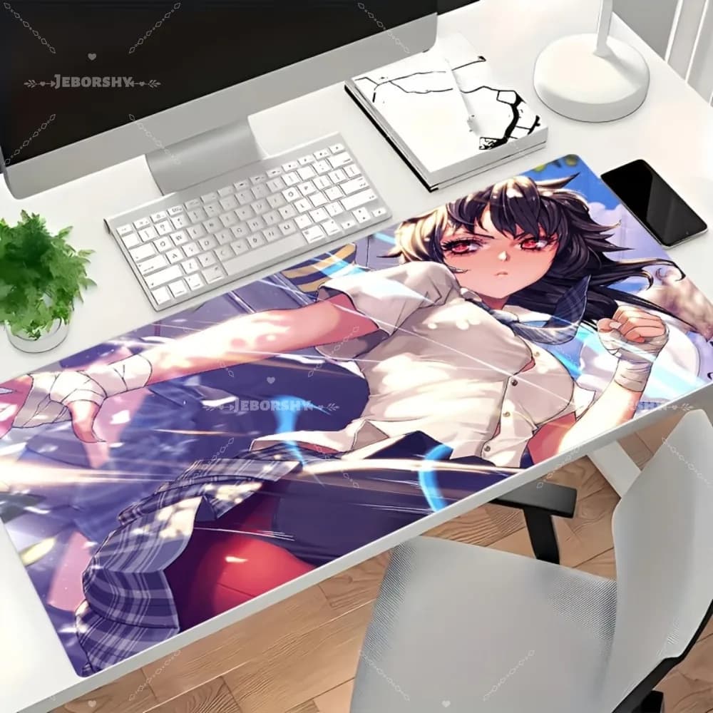 Tappetino per mouse da gioco grande con grafica anime di una studentessa combattente, tappetino da scrivania antiscivolo
