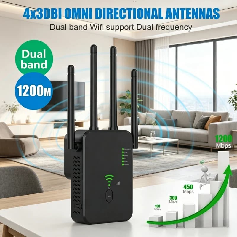 Nuovo Ripetitore WiFi Dual-Band 2026 1200/300Mbps, Amplificatore Gigabit 802.11ac per Segnali WiFi 2.4G e 5G con WPS