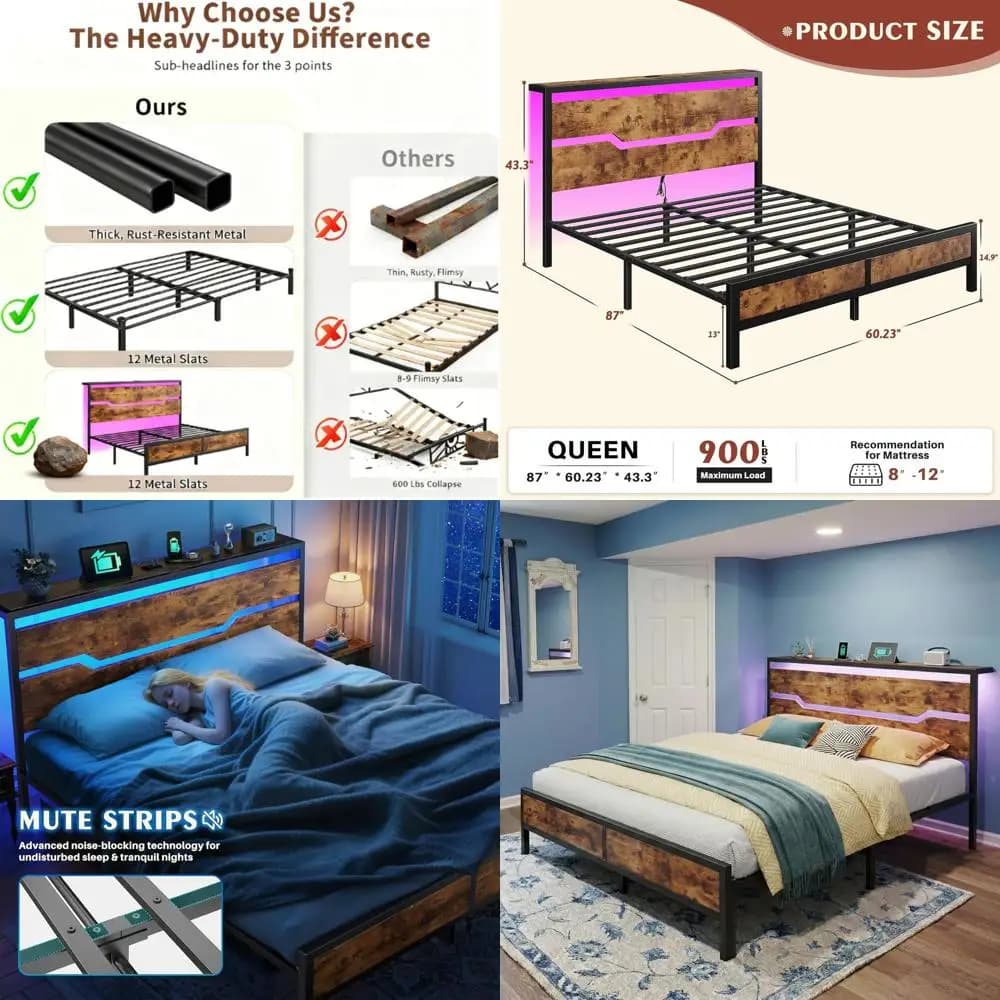 Queen size bed with platform, container and LED lights, does not require mesh, intense brown