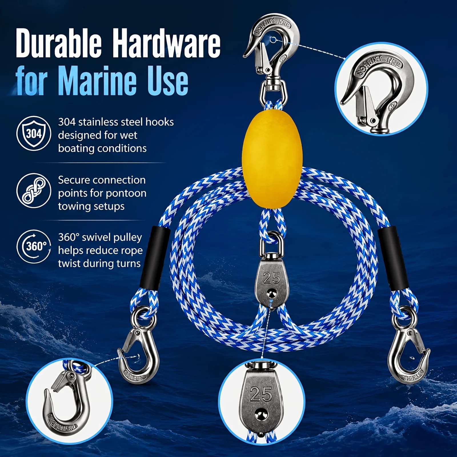 Floating Marine Tow Rope Heavy Duty Stainless Steel Buckle Sinking Knot Resistant For Jet Ski Water Ski Tow Tube Snowboard Multi