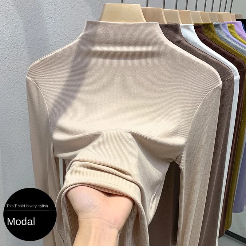 T-shirt a maniche lunghe in modale a collo alto e mezzo collo Camicia base base per il pendolarismo da donna Top con strato interno elastico alla moda