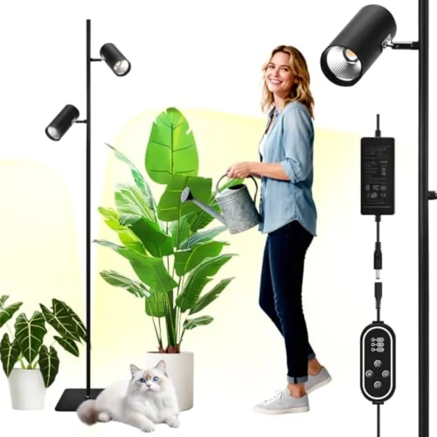 Lampada per Coltivazione Dimmerabile 60W, LED COB a Spettro Completo, Lampada da Terra a Doppia Testa per Piante con Alto PPF e DCR, Timer 6/8/12H, Altezza Regolabile 3 Livelli