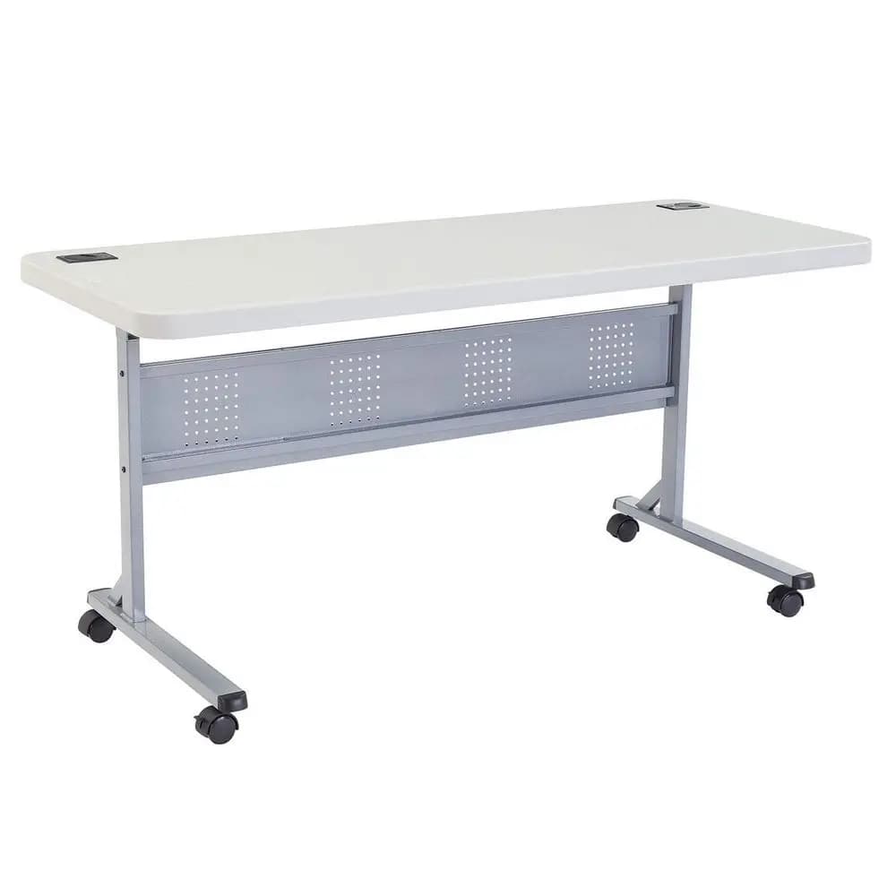 Tavolo Pieghevole per Formazione in Polietilene Soffiato, Bianco, 152 cm L x 61 cm P x 74 cm H, Tavolo Pieghevole Mobile per Sala Conferenze, con Doppio Passacavo