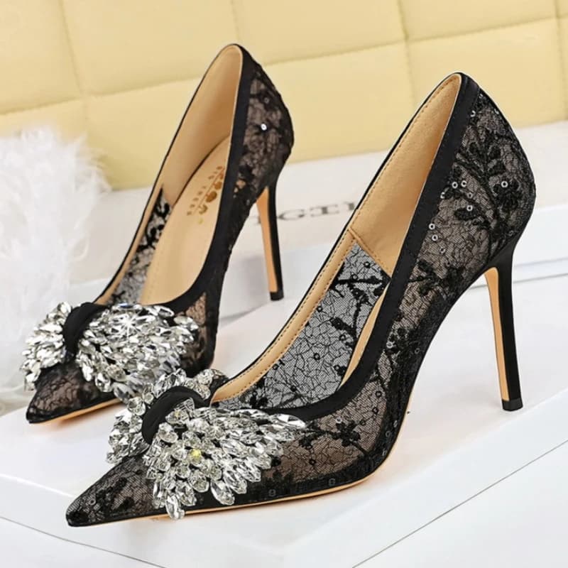Fashion Women's Pumps Heels Lace Bag Head Stiletto Women's Sandals Rhinestone Pointed Tip Catwalk Bride Wedding Women Shoes
