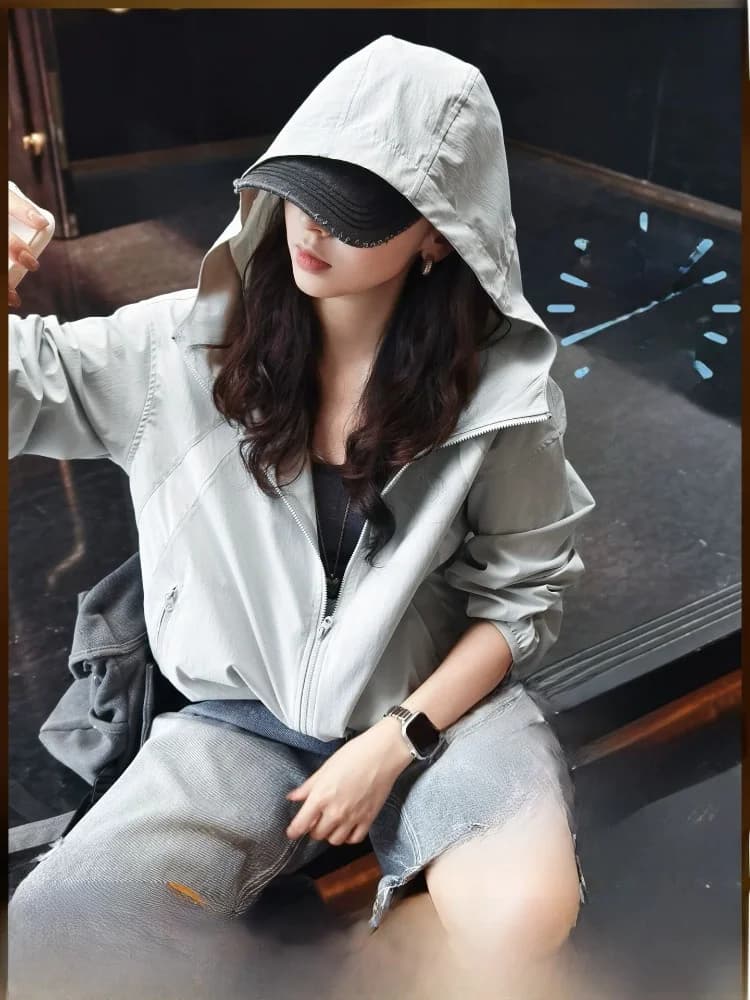 Meiyang Green Field UV Protection Jacket Women's Loose Fit Polyester Fiber Long Sleeve Hooded Quick Dry Outerwear Coat