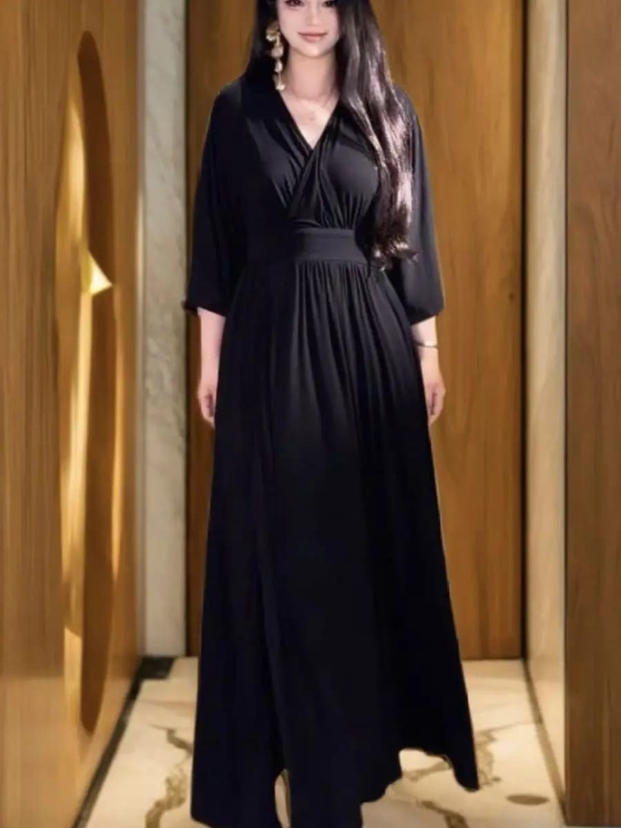 Abito Lungo Elegante alla Moda con Maniche Lunghe e Vita Incrociata, Stile Francese, in Poliestere, Gonna a Trapezio, per la Stagione Autunnale