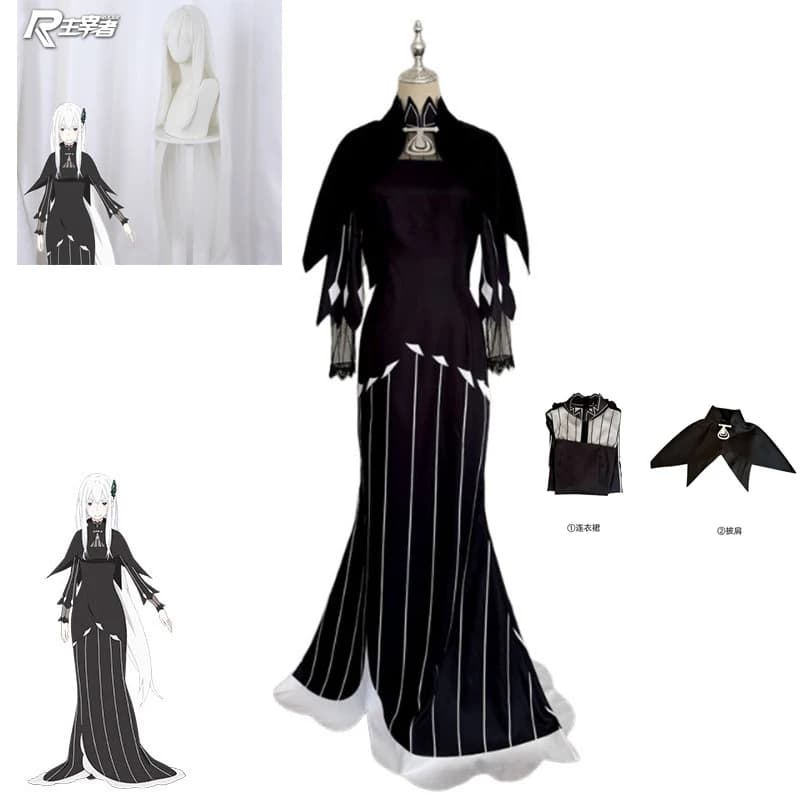 Cosplay costume Echidna Re:Zero Strega dell'Avorizia with black evening dress, skirt and wig for Comic Con and Halloween party