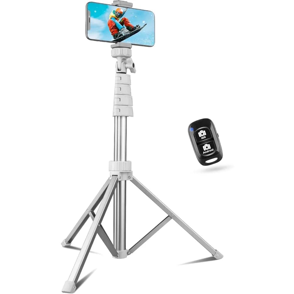 67" Extendable Tripod & Selfie Stick with Wireless Remote and Phone Holder, Compatible with Multiple Devices (Silver)