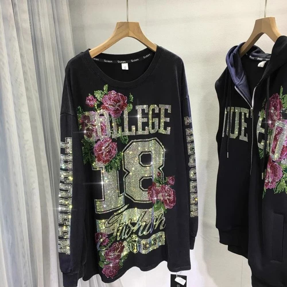 Felpe taglie forti Top nero Primavera Inizio nuova moda Lettera Fiore Diamanti Manica lunga ampia High Street