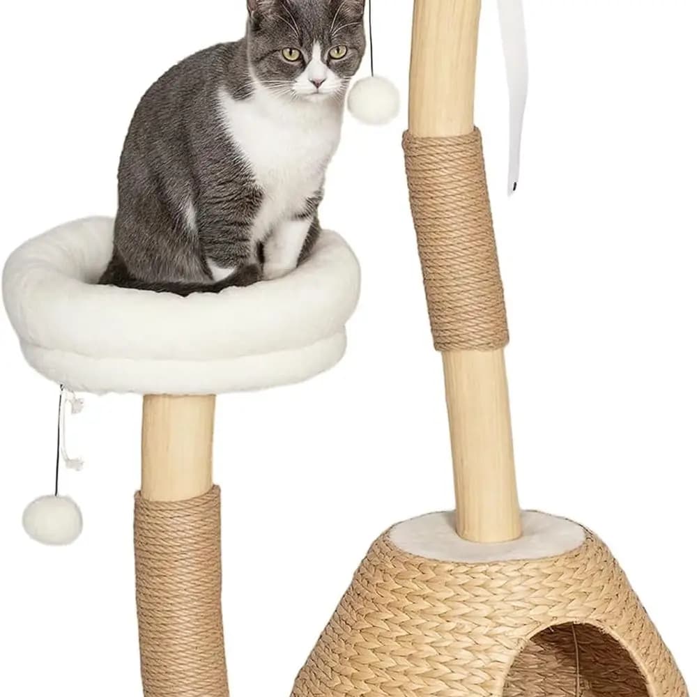 Albero per gatti PawHut per gatti da interno, torre per gattini in legno da 41 pollici con 2 tiragraffi per rami reali, Condo di lusso, letti e palline Toby, K