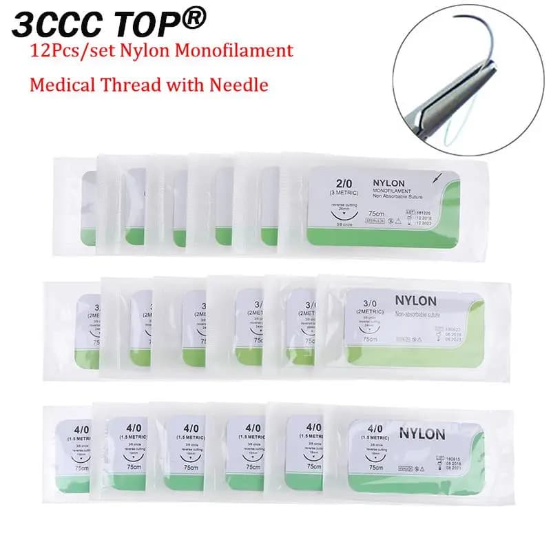 12PCS 2.0/3.0/4.0 Suture Nylon Monofilament Medical Thread with Needle Sterile Surgical Medical Exercises for Student Practice