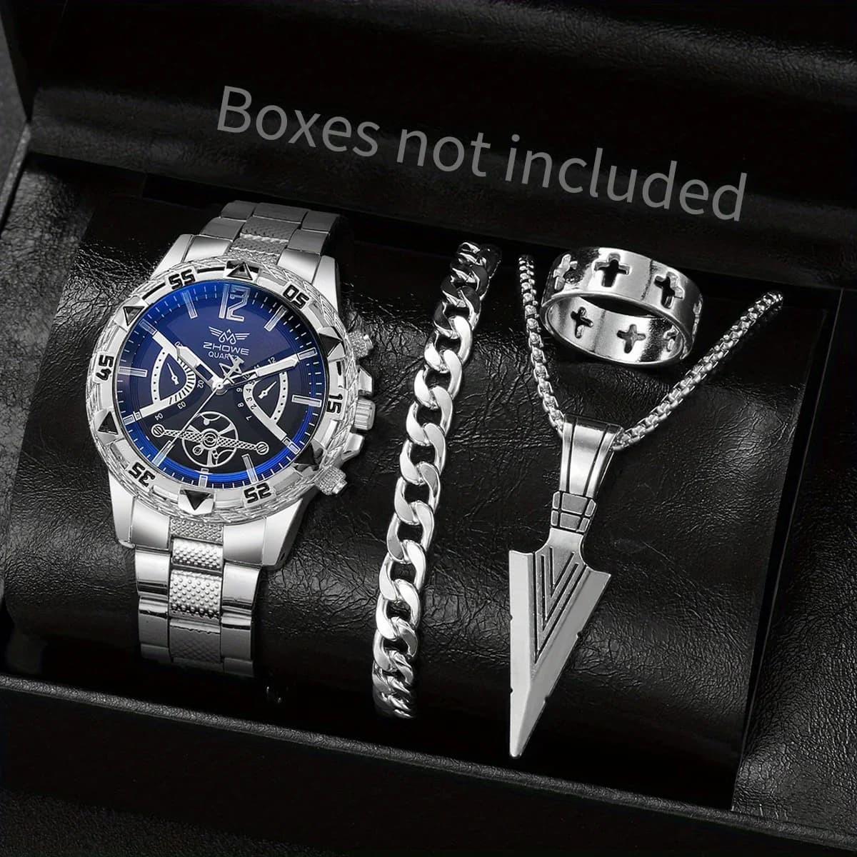 Set di 4 Pezzi - Orologio da Uomo alla Moda con Cinturino Dorato, Orologio al Quarzo, Collana con Ciondolo a Freccia in Stile Europeo e Americano
