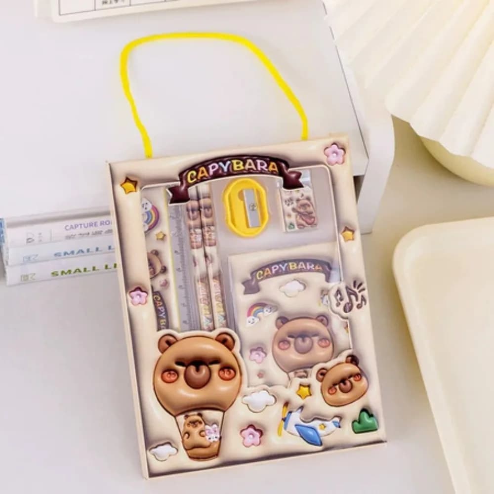 New Capibara Study Stationery Set Notebook With Tote Bag Pencil Eraser Rulers Set Portable Stationery Gift Box School Supplies