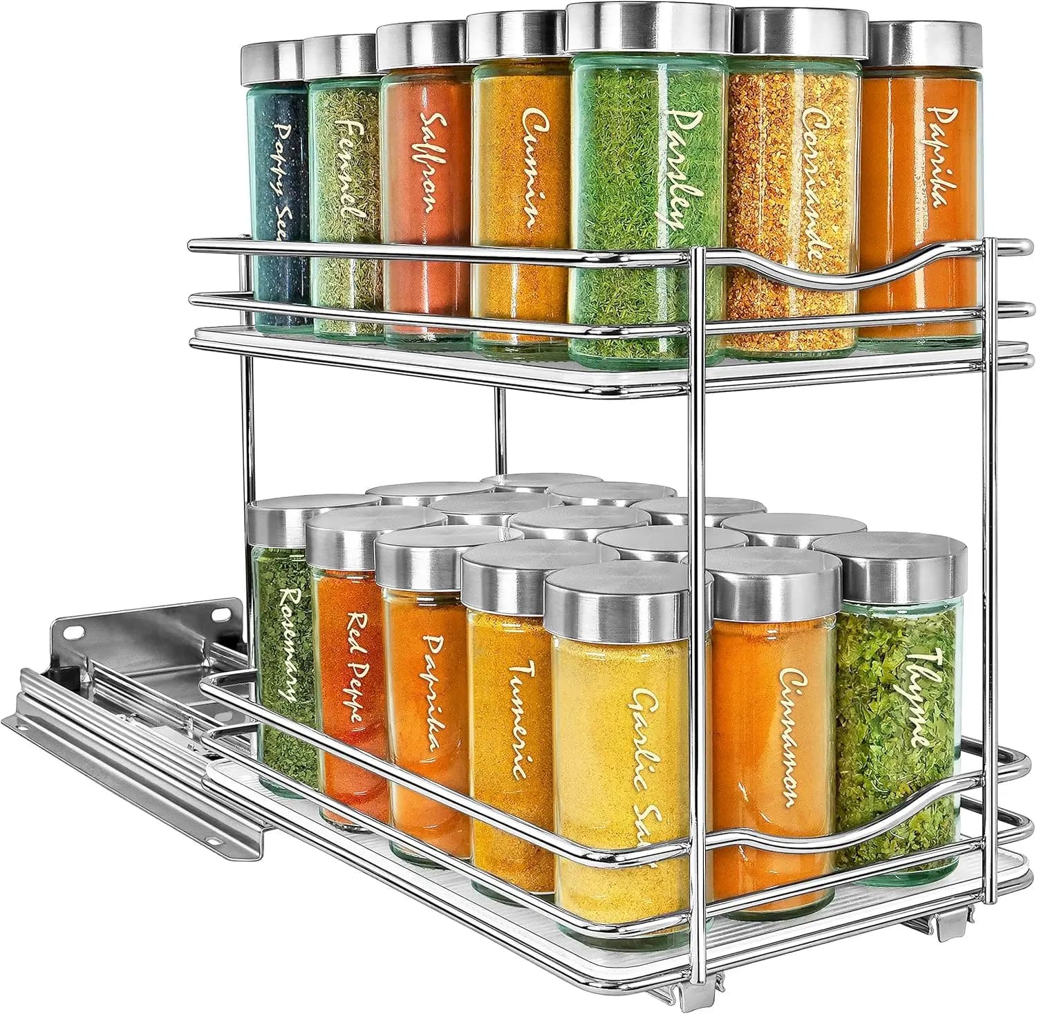 Organizer for pull-out door for kitchen furniture - 6-3/8 inch wide sliding drawer, chromed finish, 2-level storage shelf