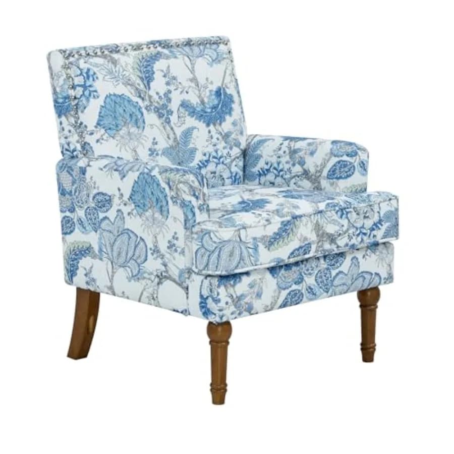 Poltrona Accent con decorazioni floreali e borchie, 9 gambe in legno massello, stampa tradizionale rosso-bianca, arredamento per soggiorno in stile rustico