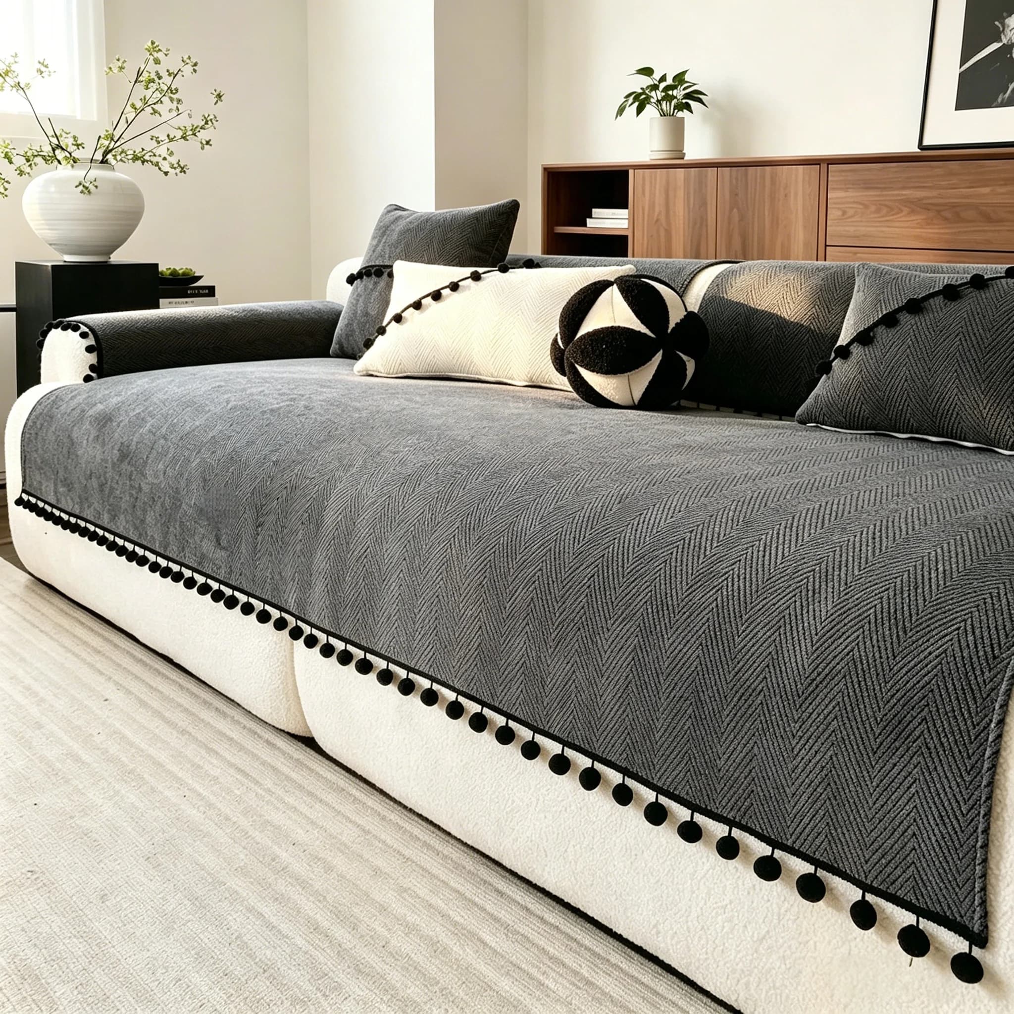Herribione Chenille Sofa Cover with black pom pom decor sofa cover Anti-Slip Backing Machine Washable