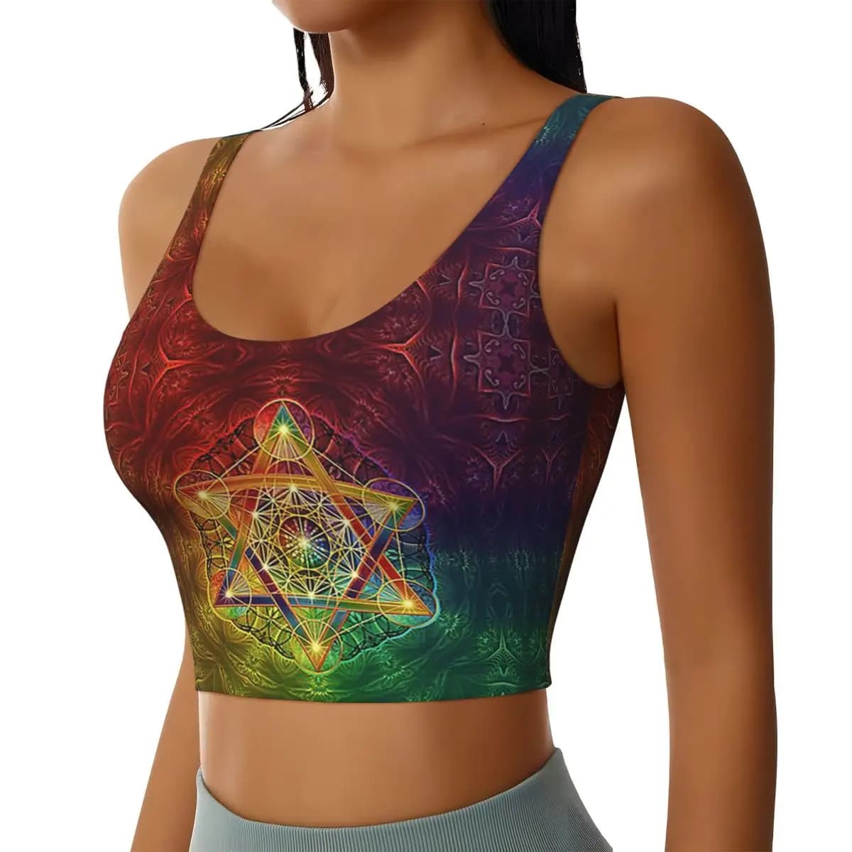 Cubo di Metatron personalizzato con Merkabah e fiore della vita Reggiseno sportivo da donna Gilet ad alto impatto Allenamento in palestra Canotta corta per yoga