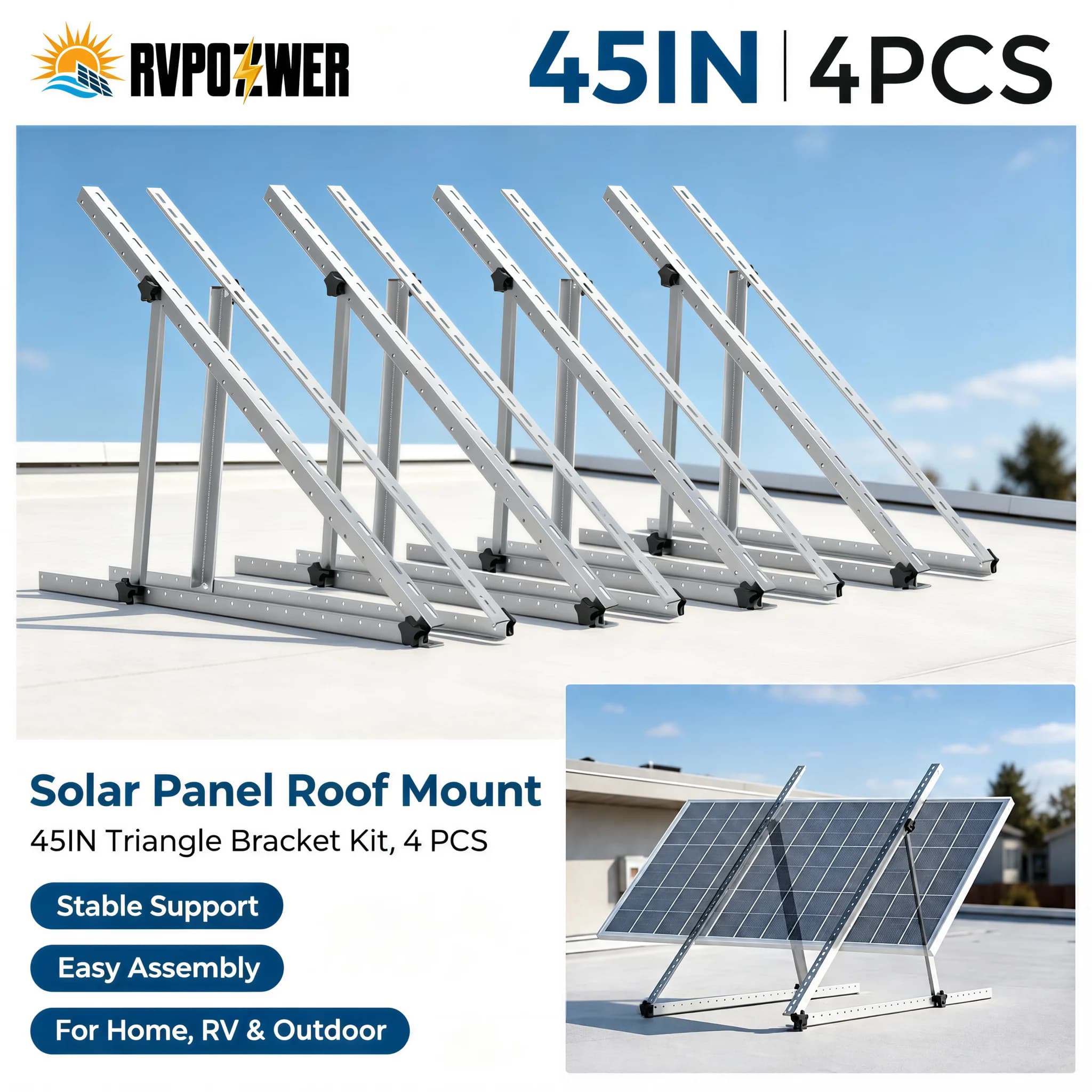 RVPOZWER 45 Inch Adjustable Solar Panel Mount Bracket Heavy‑Duty Tilt Legs Stand 1/2/4 PCS for Roof RV Caravan Boat Off‑Grid Outdoor Solar Panel Installation