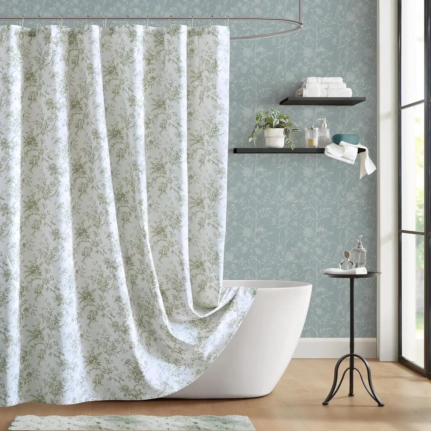 Elegante Tenda Doccia Floreale, Tessuto Testurizzato in Cotone, Stampa Tonal, Lavabile in Lavatrice 72x72 Pollici