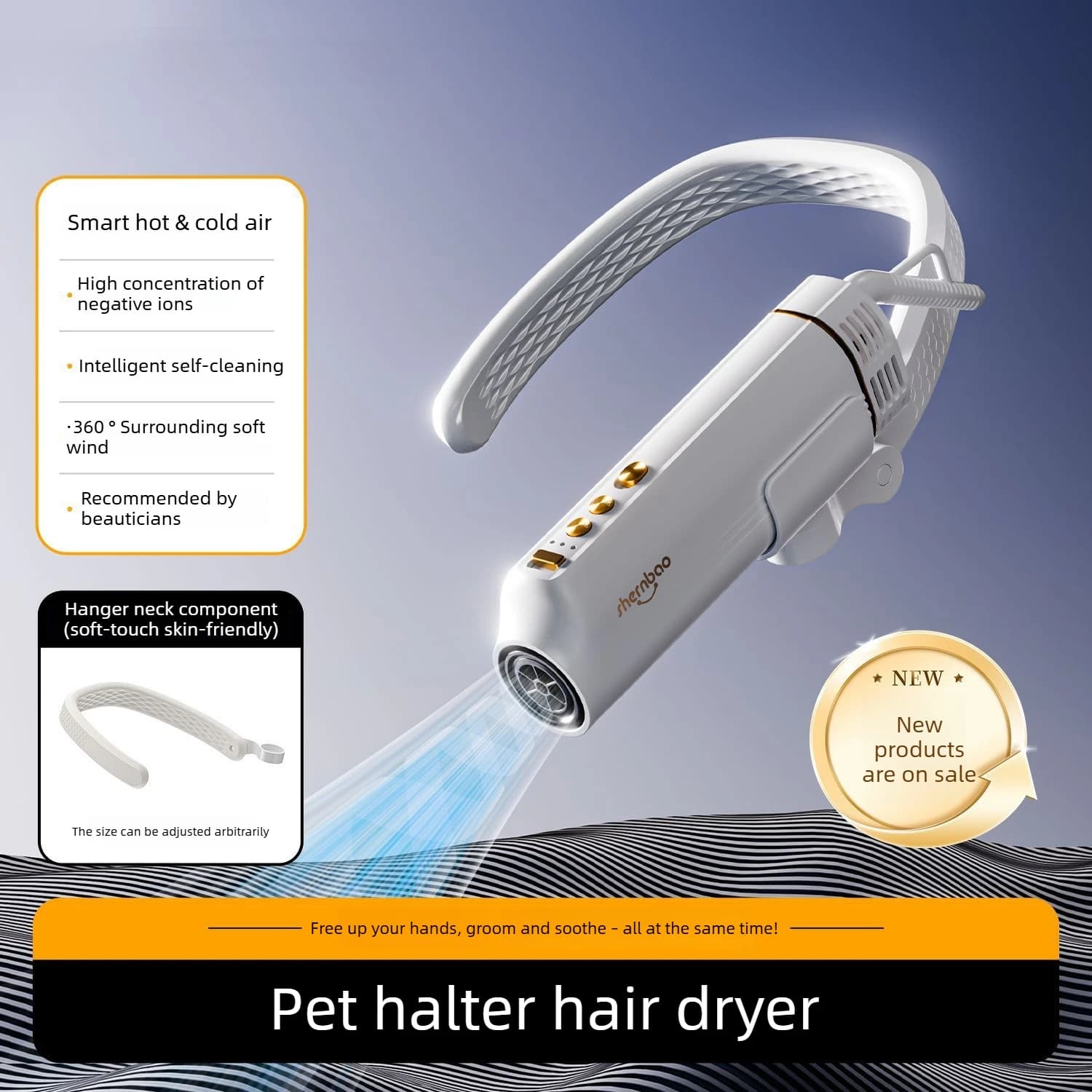 Hair dryer for domestic animals to be attached to the neck, with Negative Ions and Brushless Motor Integrated, Drying and Shaving Blower