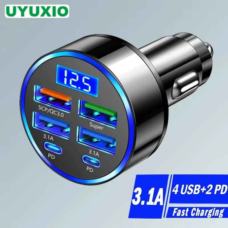 Adattatore per caricabatteria per telefono da auto USB C doppia porta PD UYUXIO con display di tensione Carica super veloce con voltmetro per iPhone OPPO