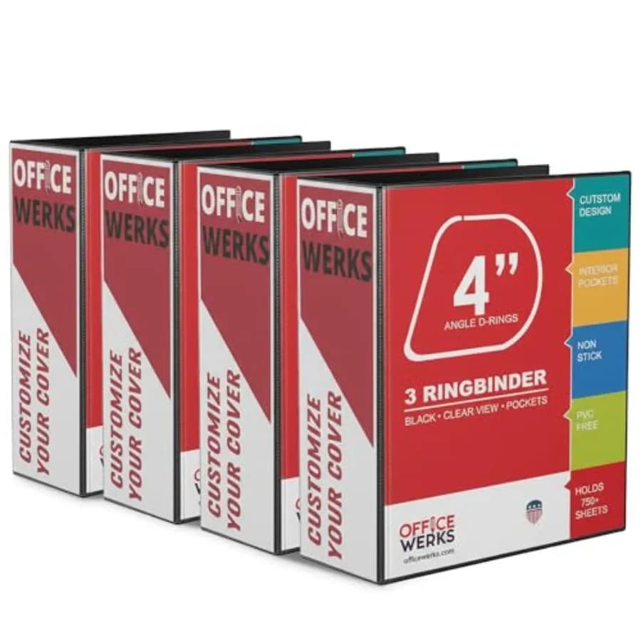 Raccoglitore a 3 anelli con anello a D da 4 pollici, resistente, confezione da 4 - Contiene 800 fogli, raccoglitore trasparente per presentazioni con 2 tasche per formato 8.5x