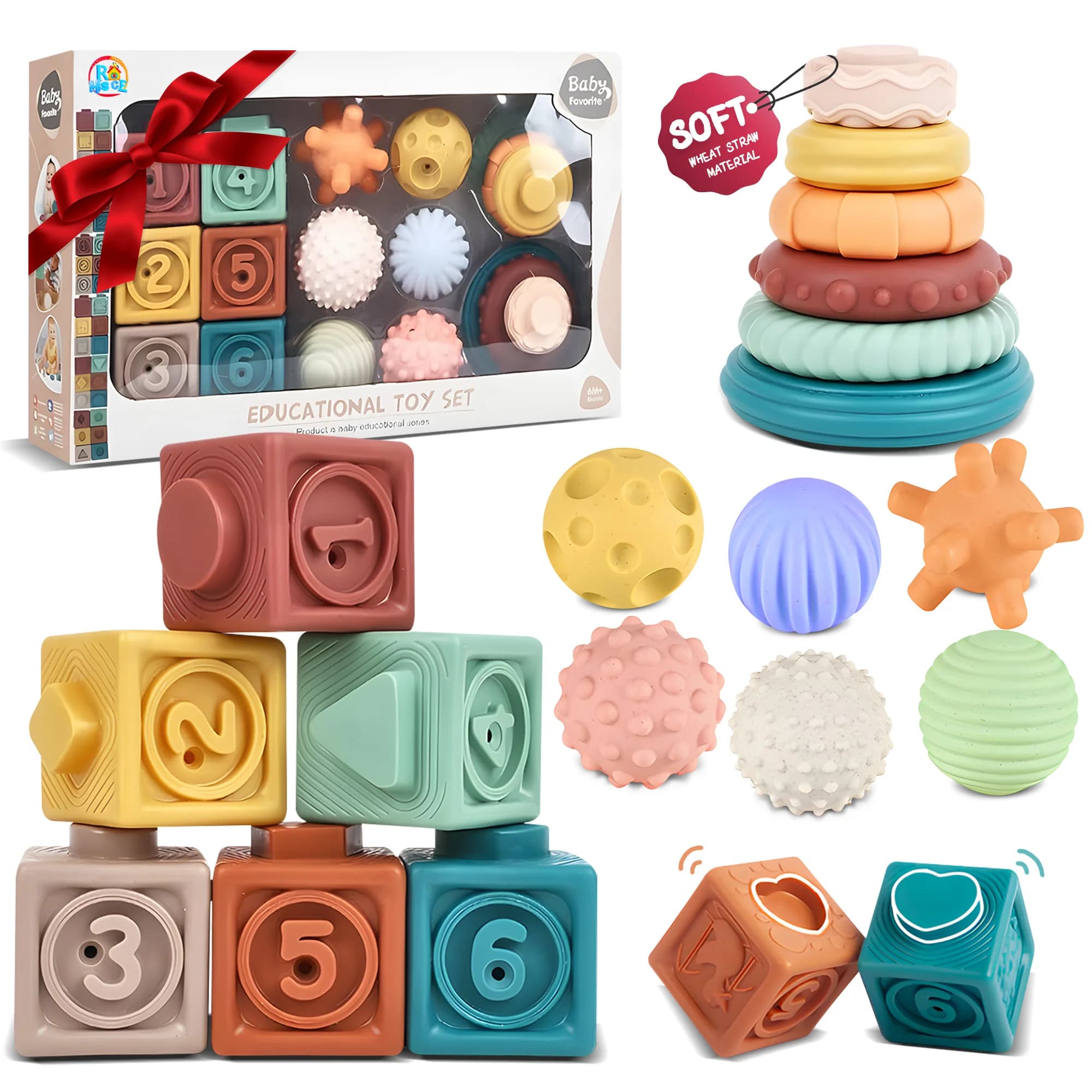 Montessori Toys for Babies 18PCS Baby Toys Stacking Block Sensory Balls Soft Teething Rings Newborn Learning Toys for Toddlers