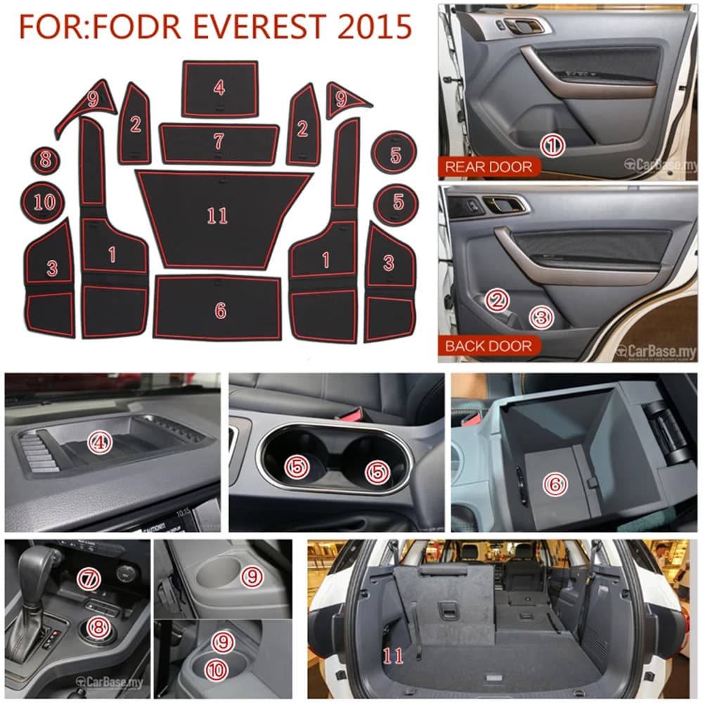 Car Gate Slot Mats for Ford Everest 2015-2019 LHD Anti-Slip Storage Box Pad Door Cup Holder Mat Interior Accessories