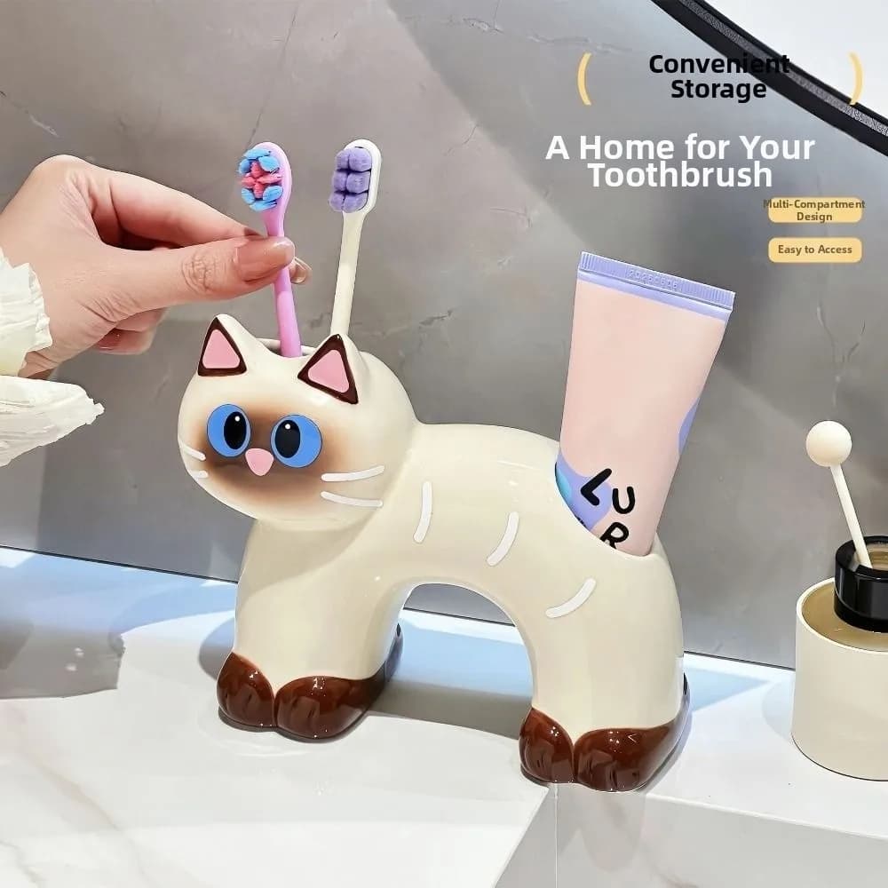 Ceramic Cat Toothbrush Holder 2 Slot Cartoon Toothpaste Toothbrush Rack Cute Reusable Electric Toothbrush Stand